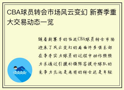 CBA球员转会市场风云变幻 新赛季重大交易动态一览