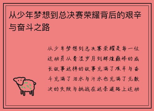 从少年梦想到总决赛荣耀背后的艰辛与奋斗之路