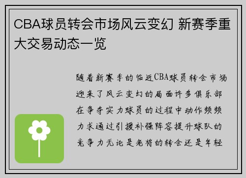CBA球员转会市场风云变幻 新赛季重大交易动态一览